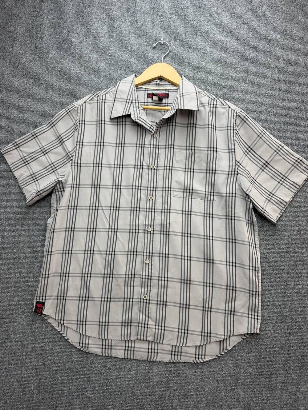 Hawk Mens Large Gray Black Plaid Short Sleeve Button Up Shirt Modal Blend Pocket